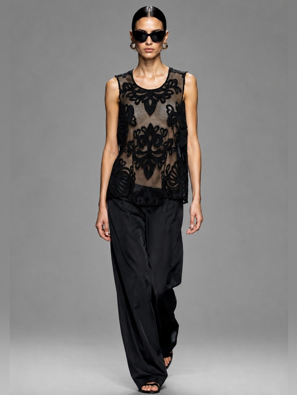 Women's Size XL Rye Embroidered Sleeveless Top Black Mesh Raw Hem Dark Grunge